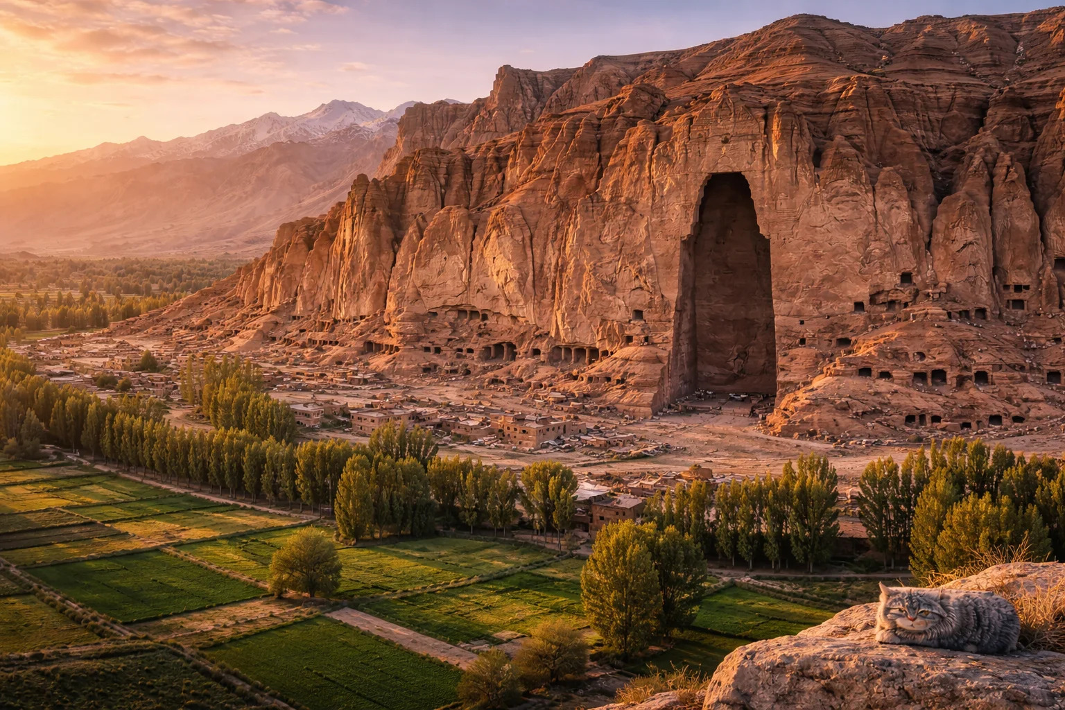 Bamiyan Valley and empty Buddha niche at golden hour