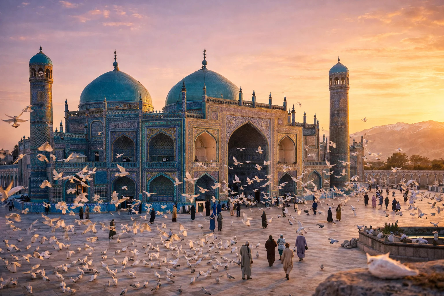 Blue Mosque Mazar-i-Sharif at golden hour with white doves