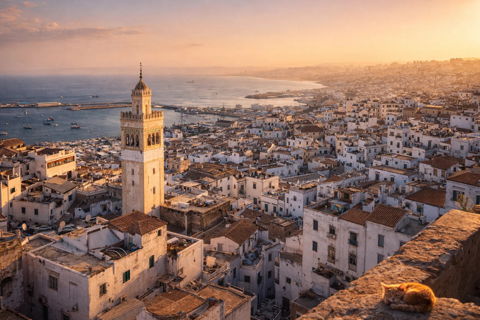 Kasbah of Algiers at golden hour sunset with Mediterranean view
