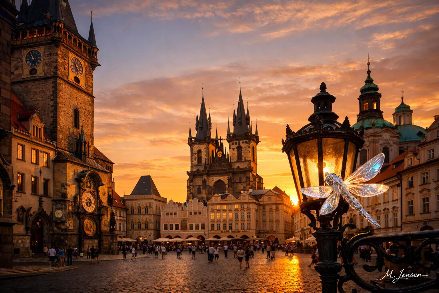 Prague Old Town Square at sunset with Týn Church and Astronomical Clock
