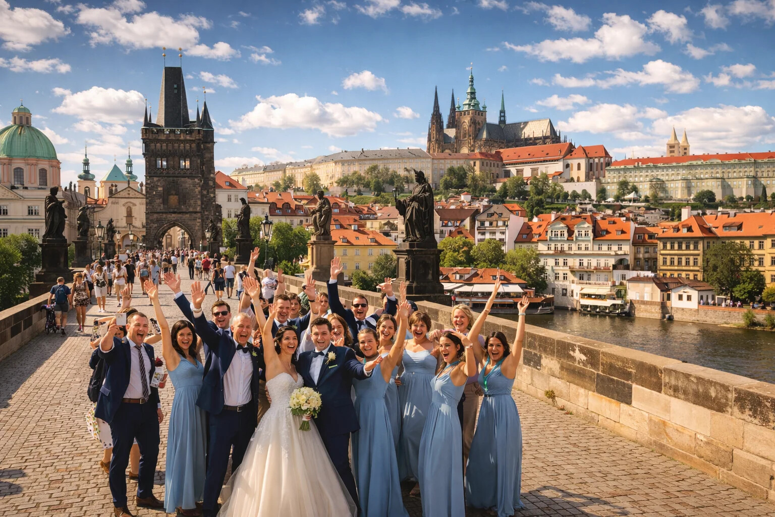 Wedding celebration on Charles Bridge with Prague Castle