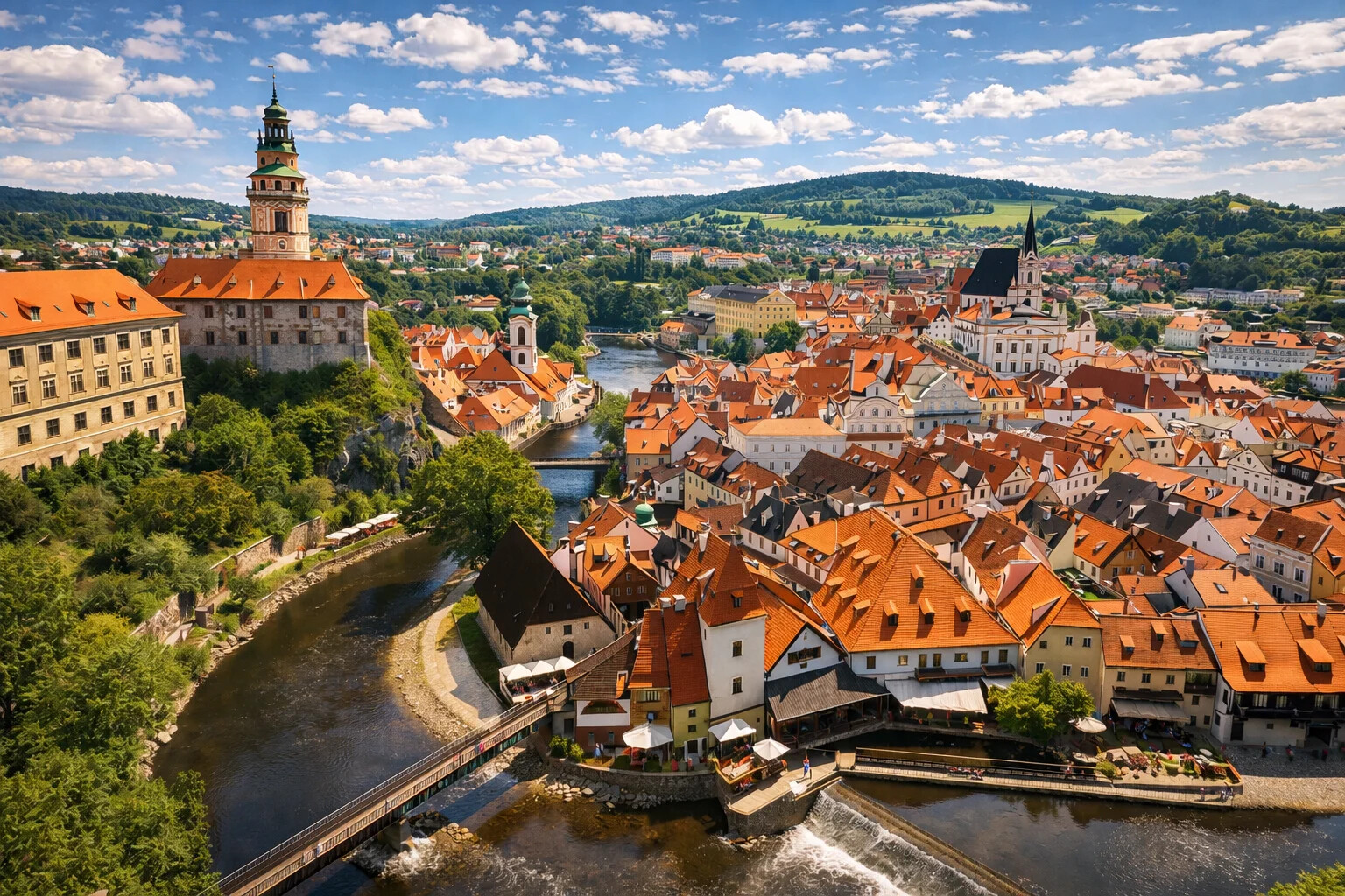Aerial view of Cesky Krumlov with castle and Vltava River