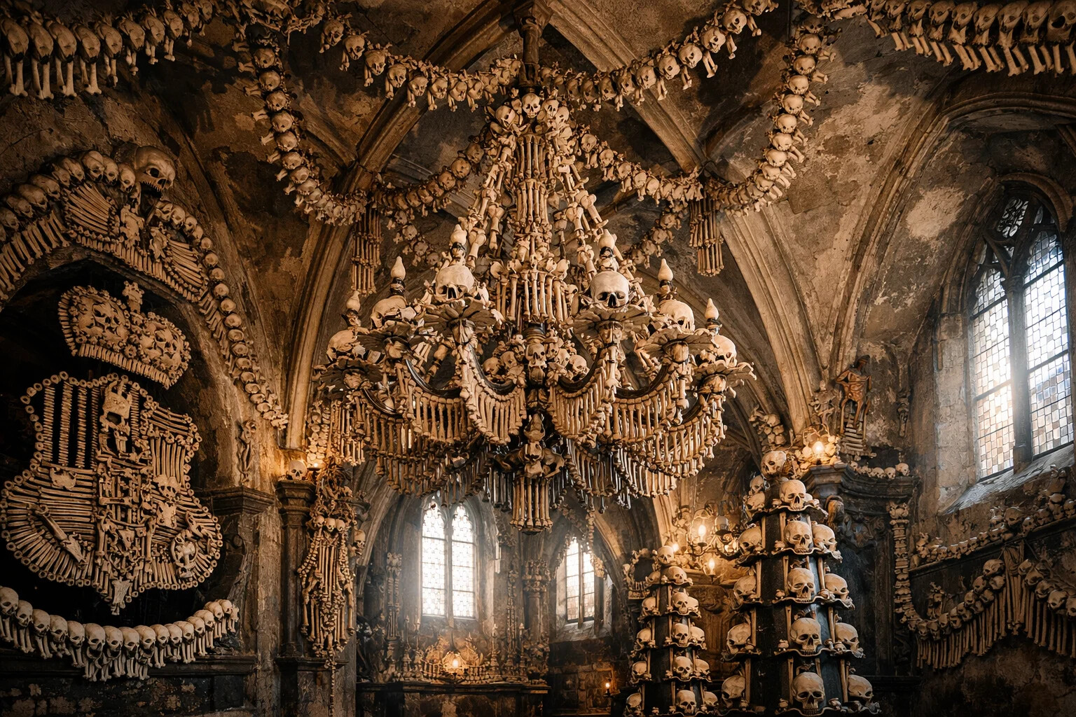 Sedlec Ossuary bone chandelier interior