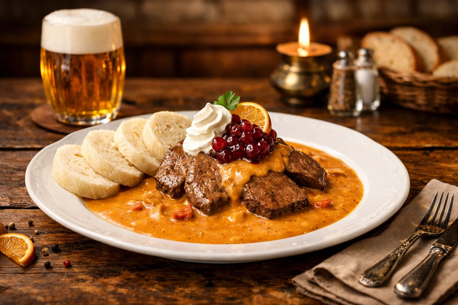 Czech svickova with bread dumplings and beer