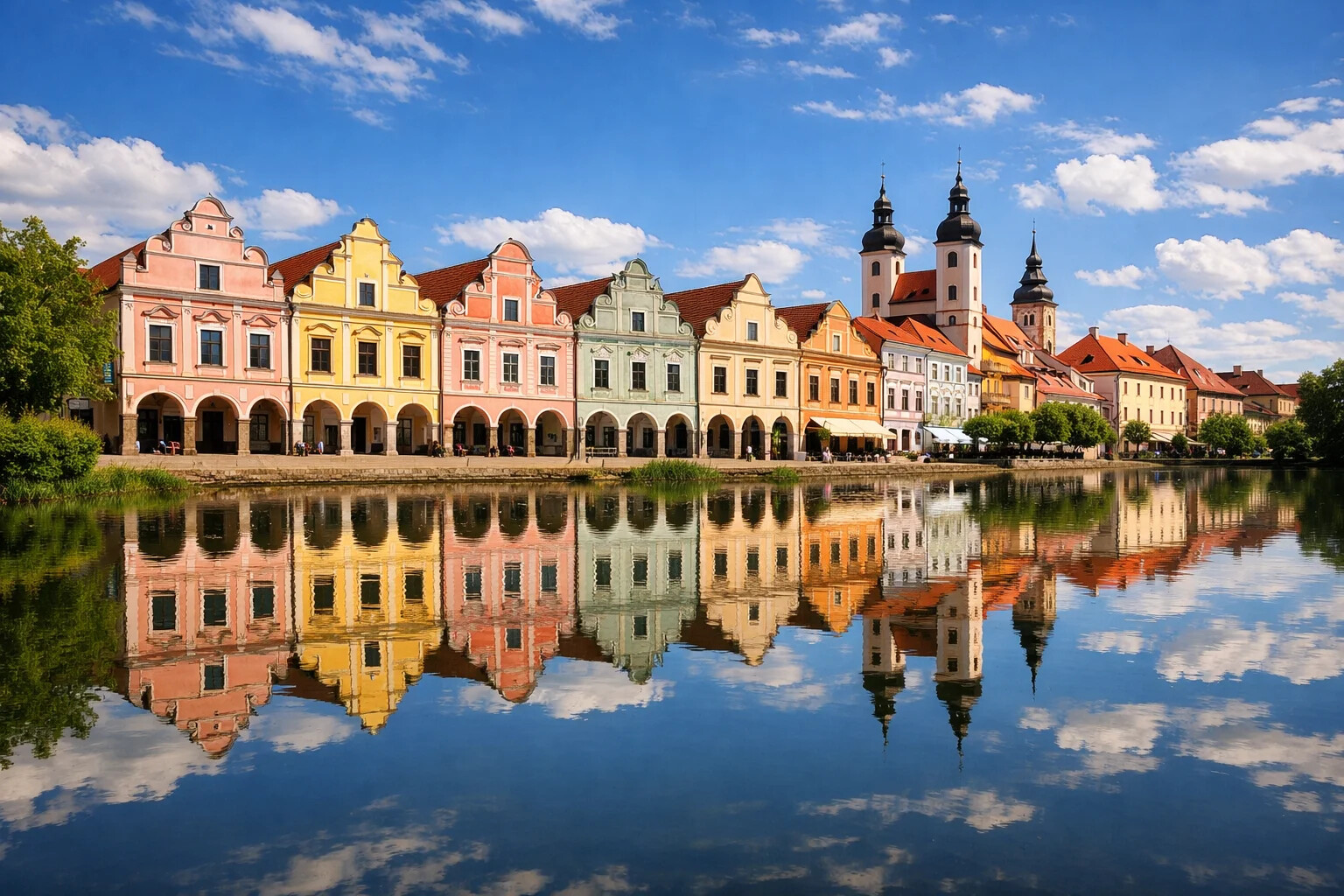 Telc colorful Renaissance houses reflecting in pond