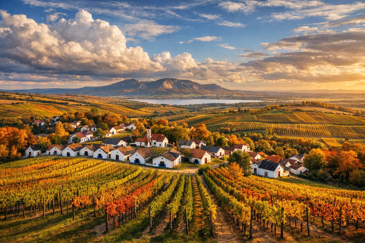 South Moravian vineyards with wine cellars and Palava Hills