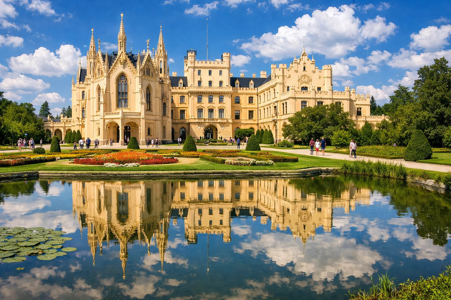 Lednice Chateau with formal gardens reflecting in pond