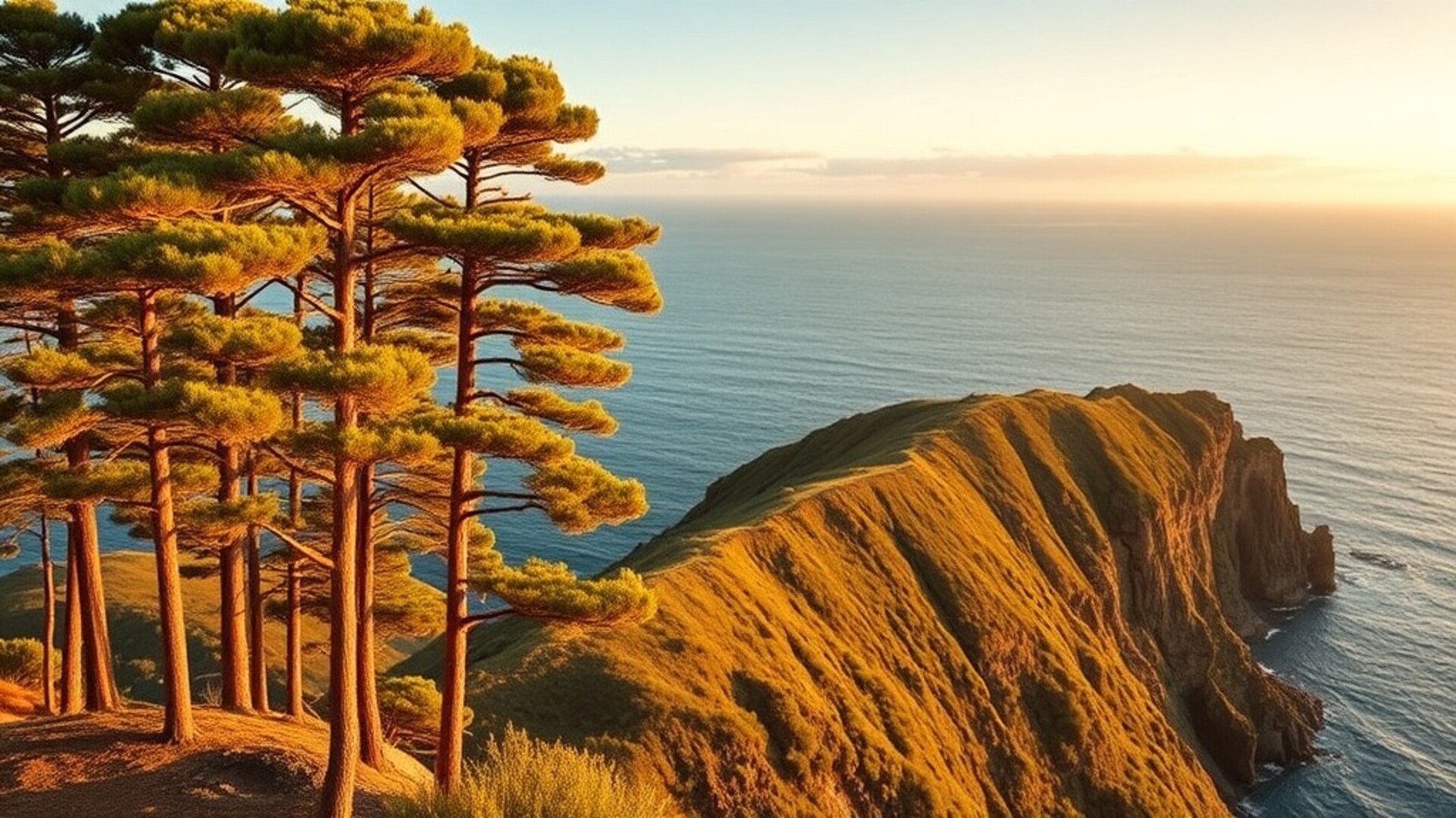 Tall tiered conifers on a green clifftop above the sea at golden hour