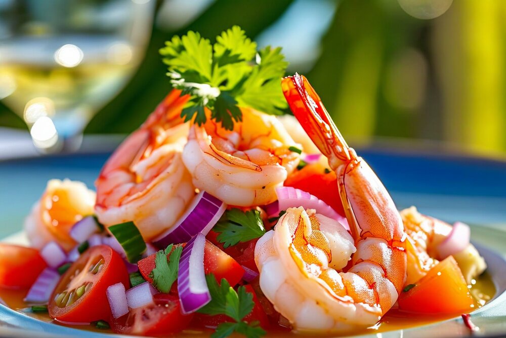 Prawn ceviche with red onion, tomato and coriander in a citrus broth