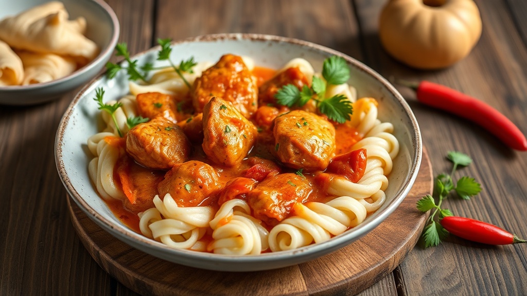 A bowl of chicken pieces in orange sauce over pale pasta, with chillies and herbs around it