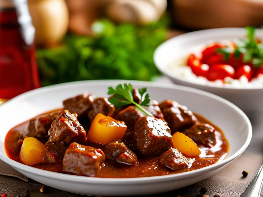A white plate of thick beef stew with potato chunks in a dark red paprika sauce, with parsley on top