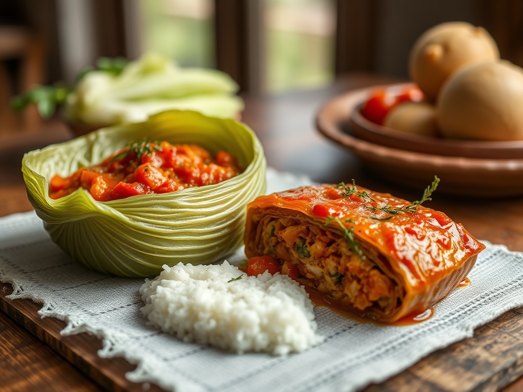 A stuffed cabbage roll in tomato-paprika sauce beside a cabbage leaf cup and a spoonful of rice on a cloth