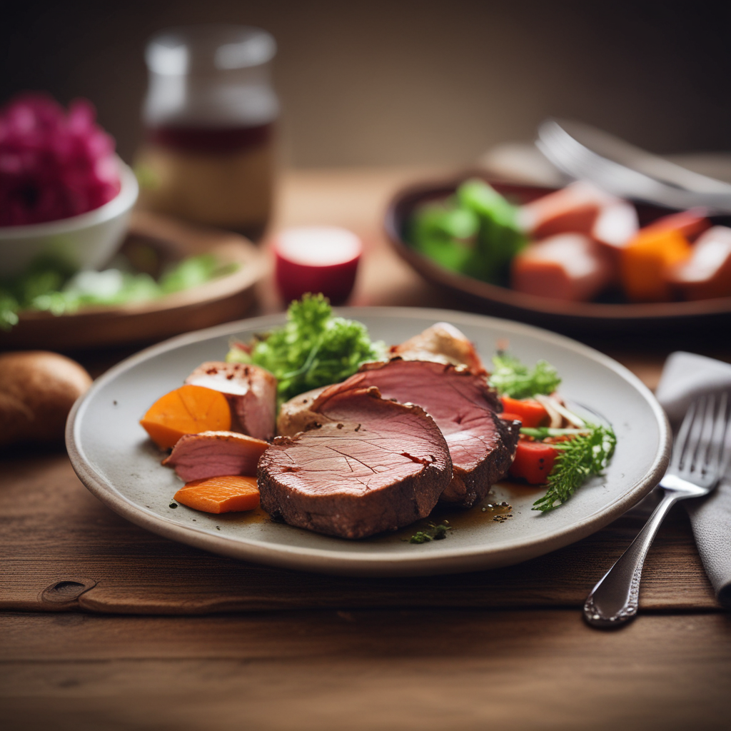 Slices of pink smoked lamb on a plate with root vegetables, greens and a bowl of red cabbage behind