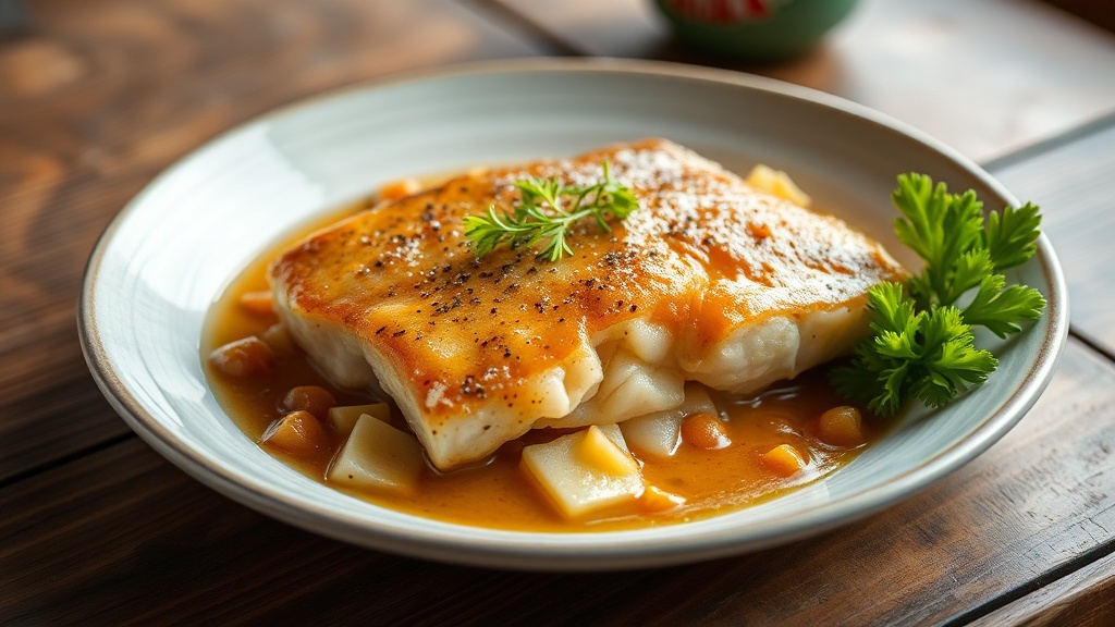 A browned fish fillet on a white plate in a golden sauce with pieces of potato and parsley
