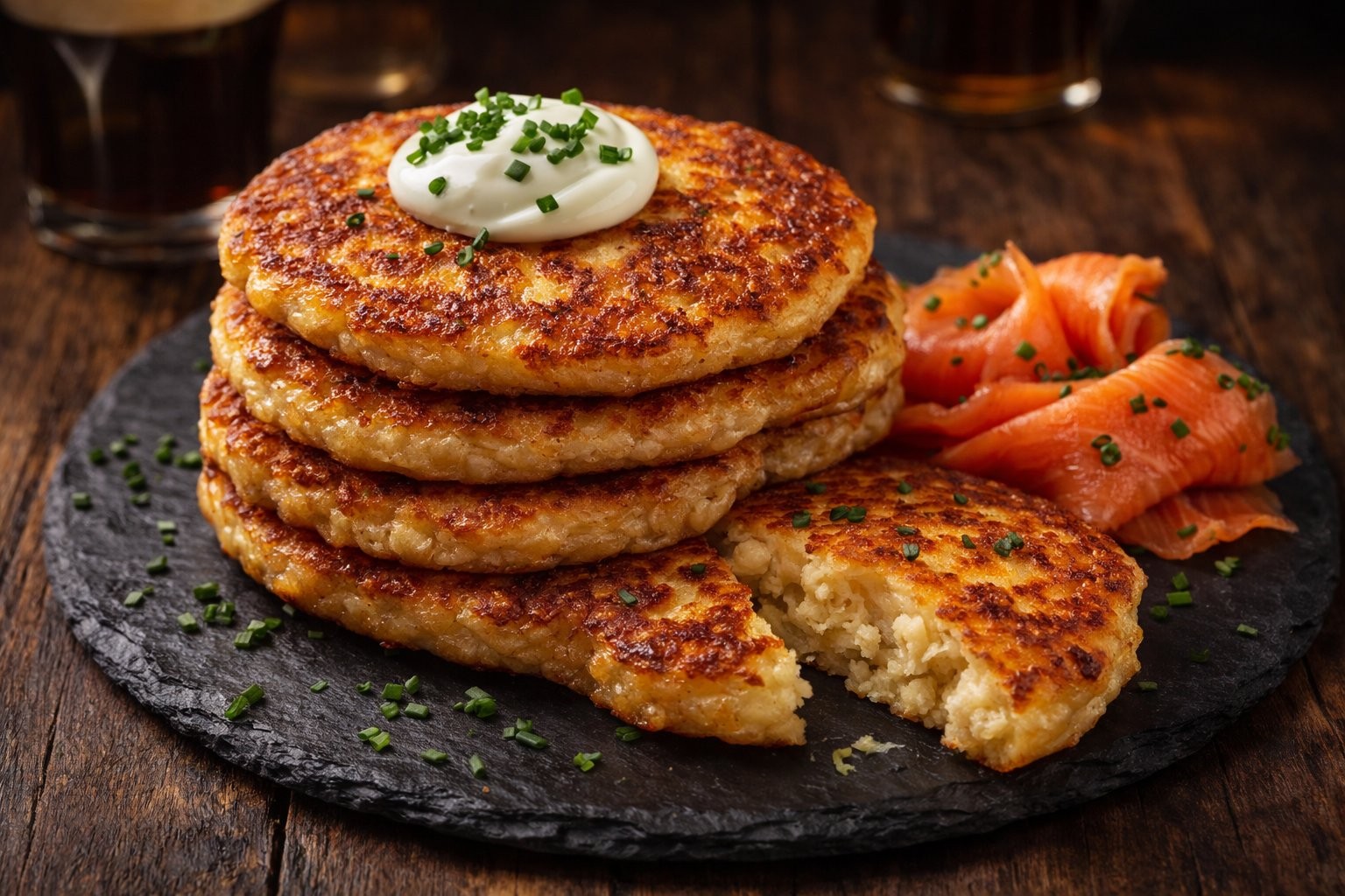 A stack of golden fried potato pancakes on slate with sour cream, chives and smoked salmon