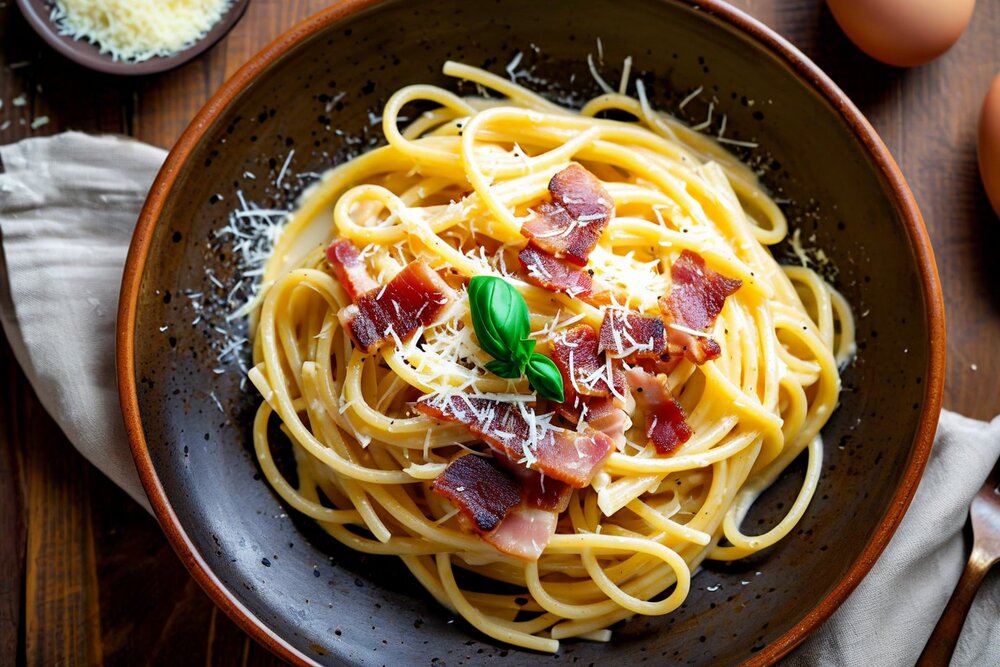 A bowl of spaghetti in a pale creamy sauce with strips of streaky bacon and a basil leaf on top