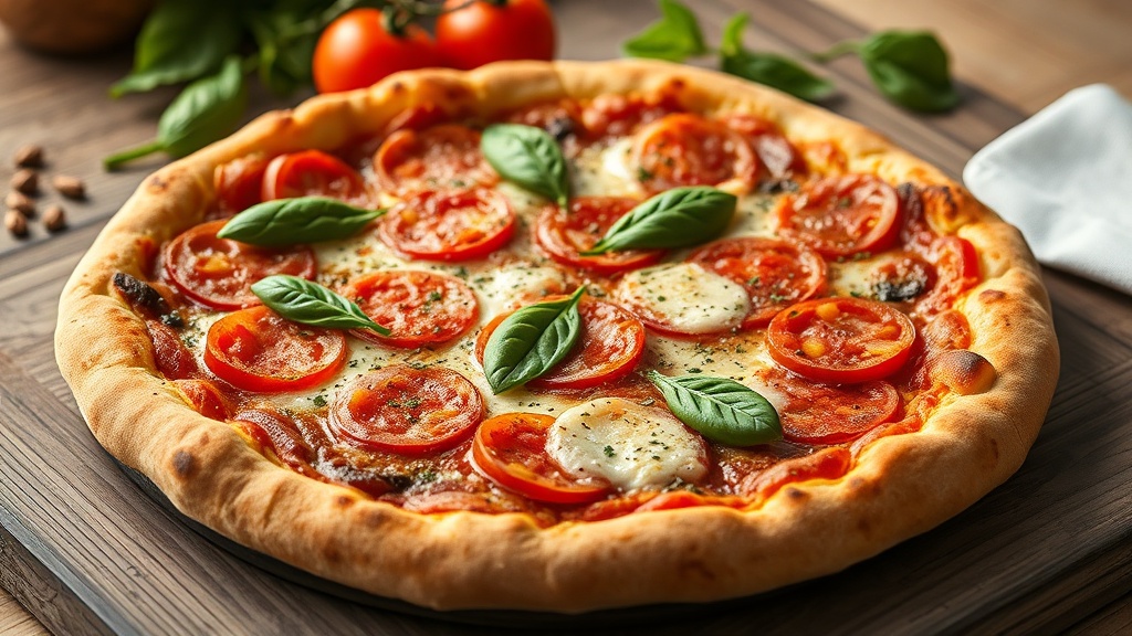 A thick, pale, doughy round pizza topped with slices of fresh tomato, melted white cheese, dried herbs and whole basil leaves