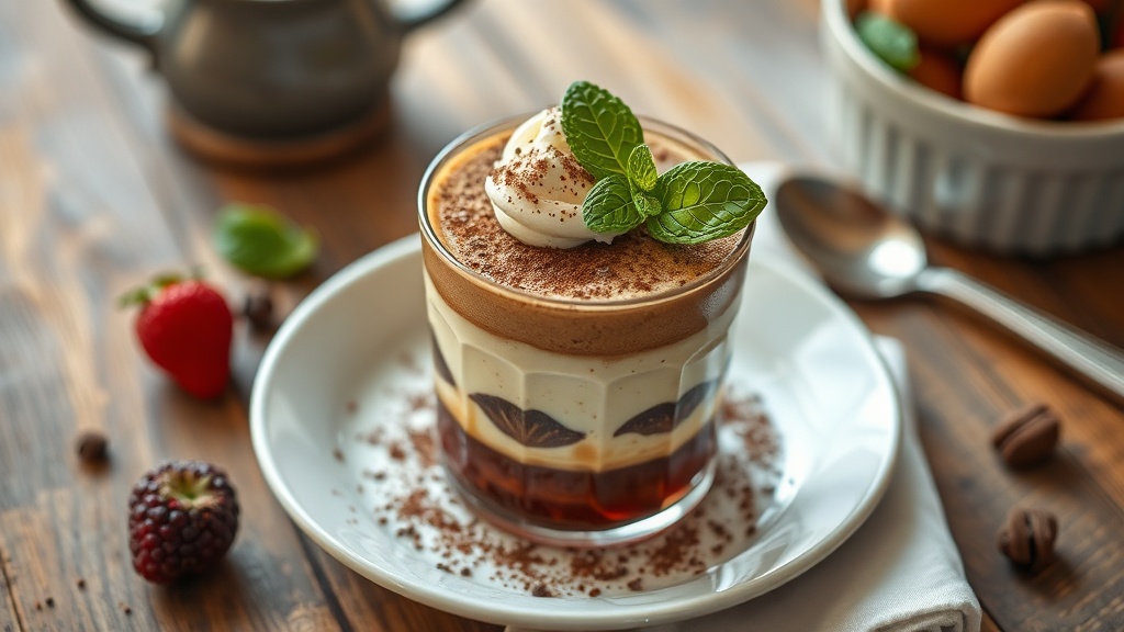 A layered dessert in a small glass, cocoa-dusted, topped with a rosette of whipped cream and a mint sprig, with a pool of amber liquid visible at the bottom