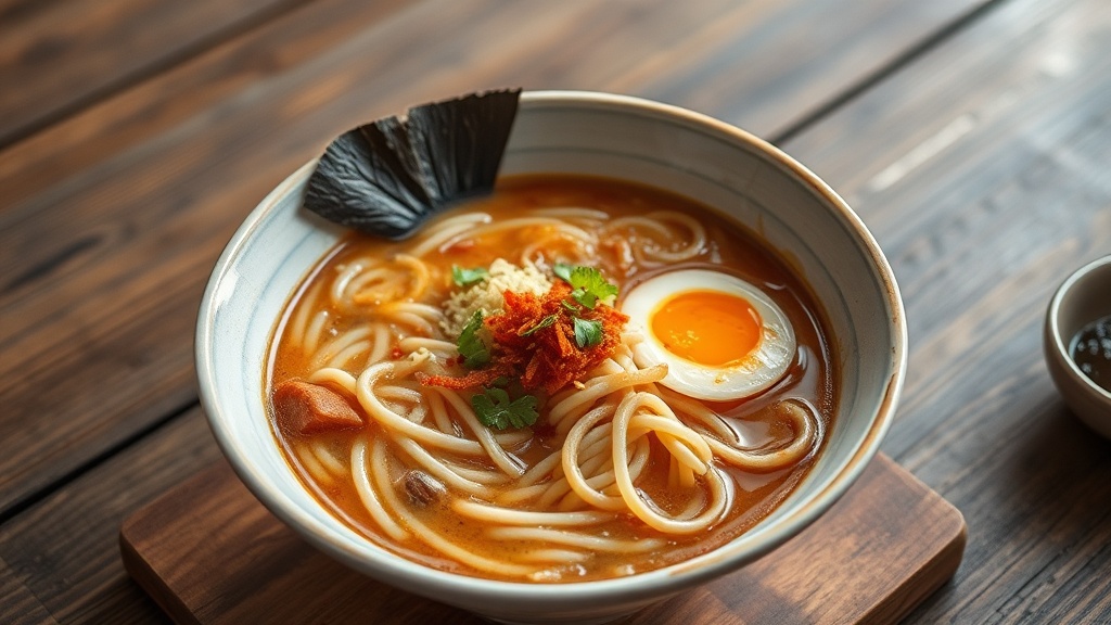 A bowl of noodles in an orange-brown broth with a sheet of nori, a halved boiled egg, chilli flakes and green herb leaves on top