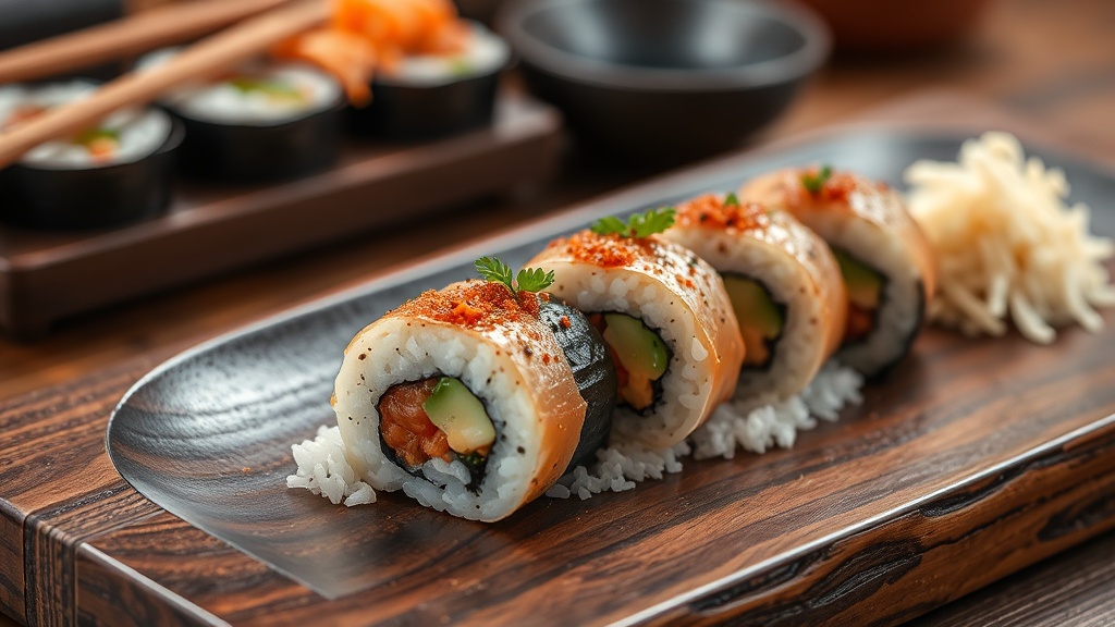 Five rolled sushi pieces topped with red chilli powder and green herb leaves, arranged on a bed of loose white rice on a dark plate