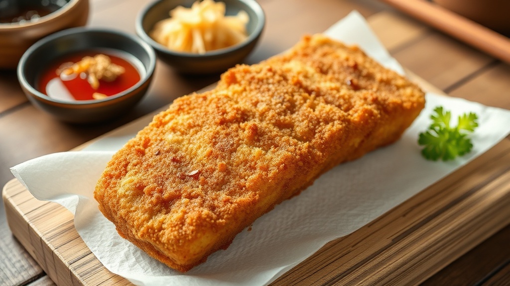 A whole uncut breaded and deep-fried cutlet on white paper on a wooden board, with small dishes of red sauce, pickles and a sprig of parsley
