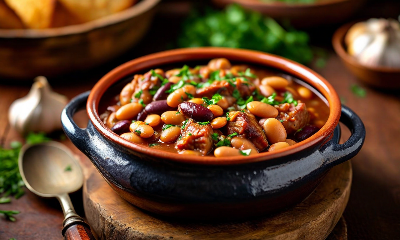 A glazed earthenware pot of white and red beans with chunks of pork in a rich brown sauce, scattered with parsley, a bread basket and garlic behind