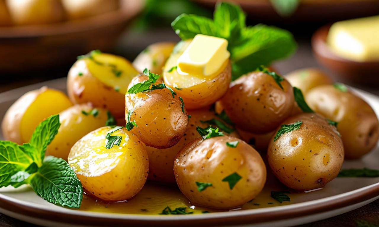 A plate of small golden new potatoes glossy with melted butter, scattered with chopped parsley and fresh mint leaves, a knob of butter on top