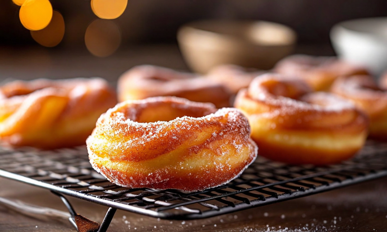 Golden twisted rings of fried dough dusted with sugar, cooling on a wire rack