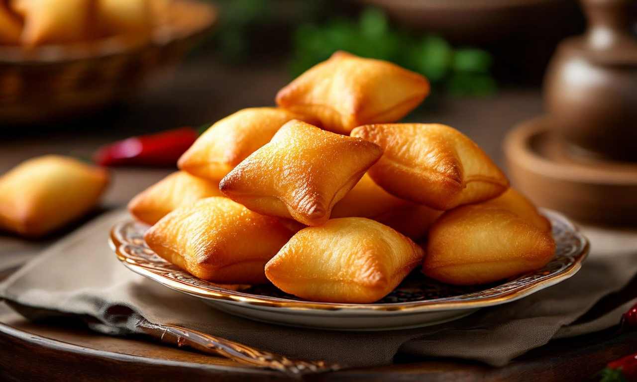 A plate piled with puffed golden diamonds and squares of deep-fried dough, glossy and slightly blistered