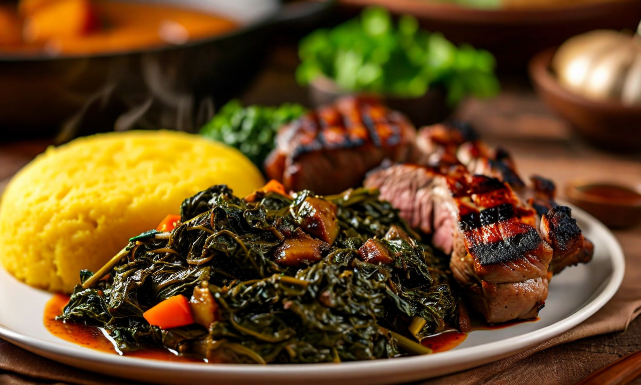 A white plate with a dome of maize meal on the left, dark braised shredded greens with tomato and carrot in the centre, and slices of grilled meat on the right