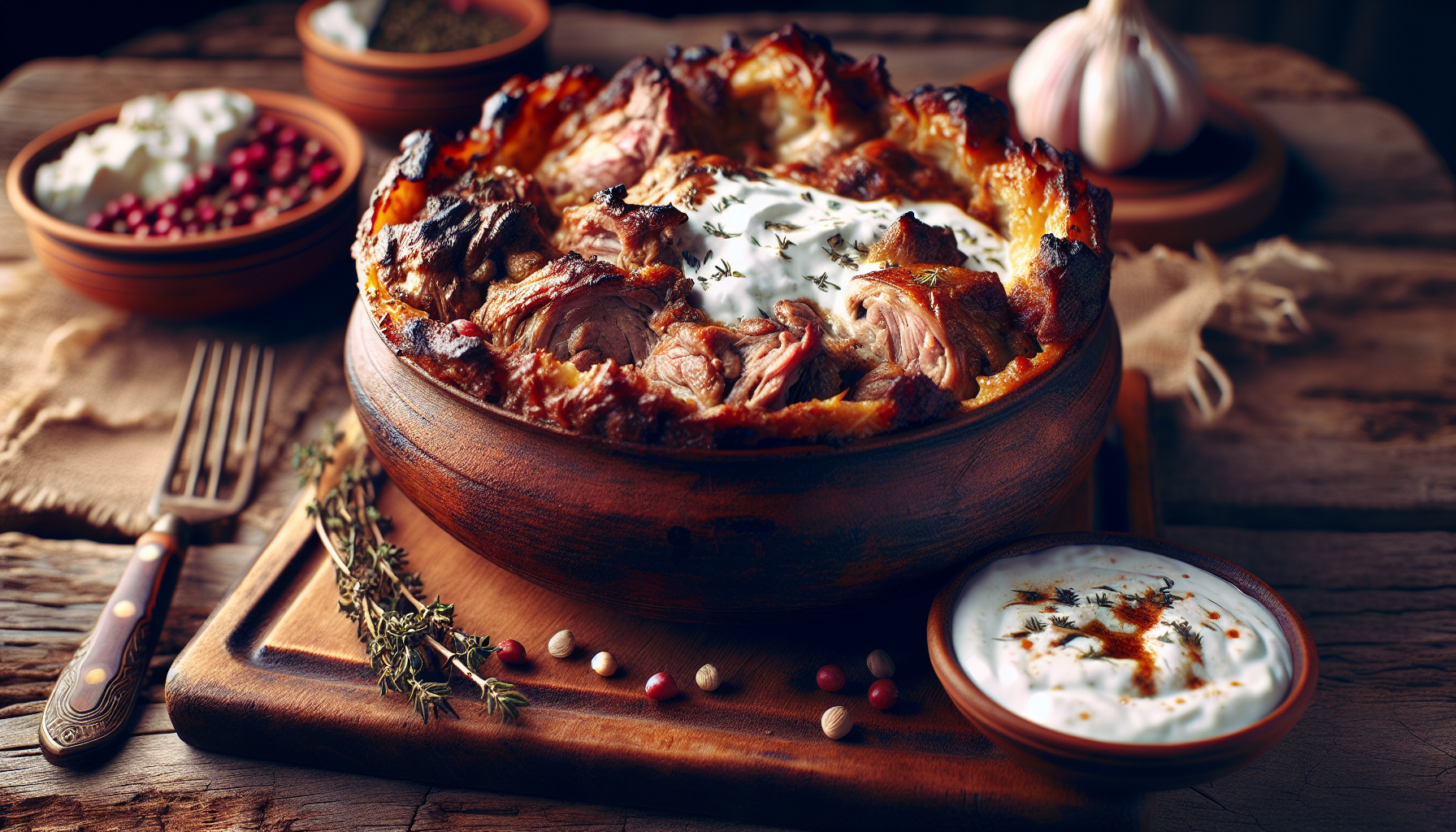 A round earthenware dish of baked lamb pieces set in a browned custard, with a spoonful of white yoghurt on top, on a wooden board with thyme and a bowl of yoghurt beside it