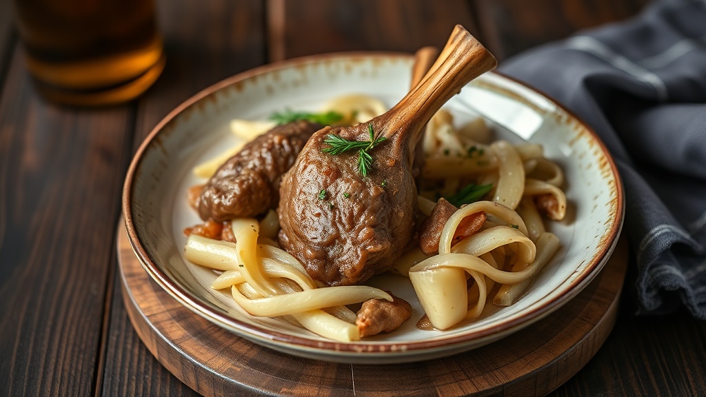 A braised lamb piece on a plate with pale ribbons and chunks of potato