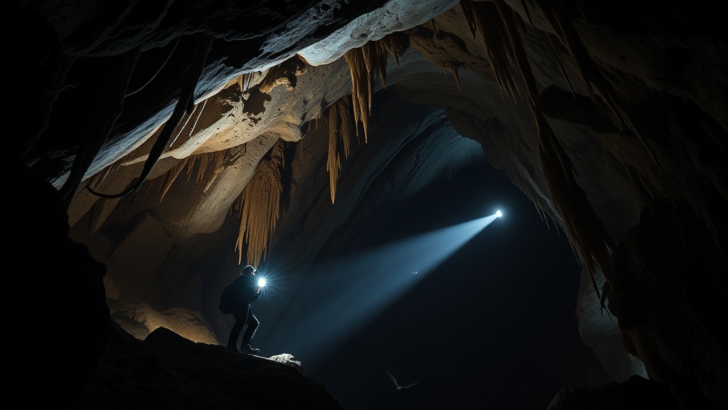 Voronya Cave - World's Deepest Cave, explorer with headlamp illuminating underground river