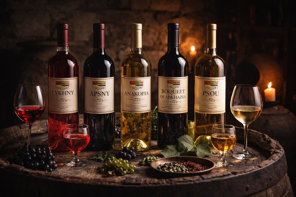 Five iconic Abkhazian wines - Lykhny, Apsny, Anakopia, Bouquet of Abkhazia and Psou