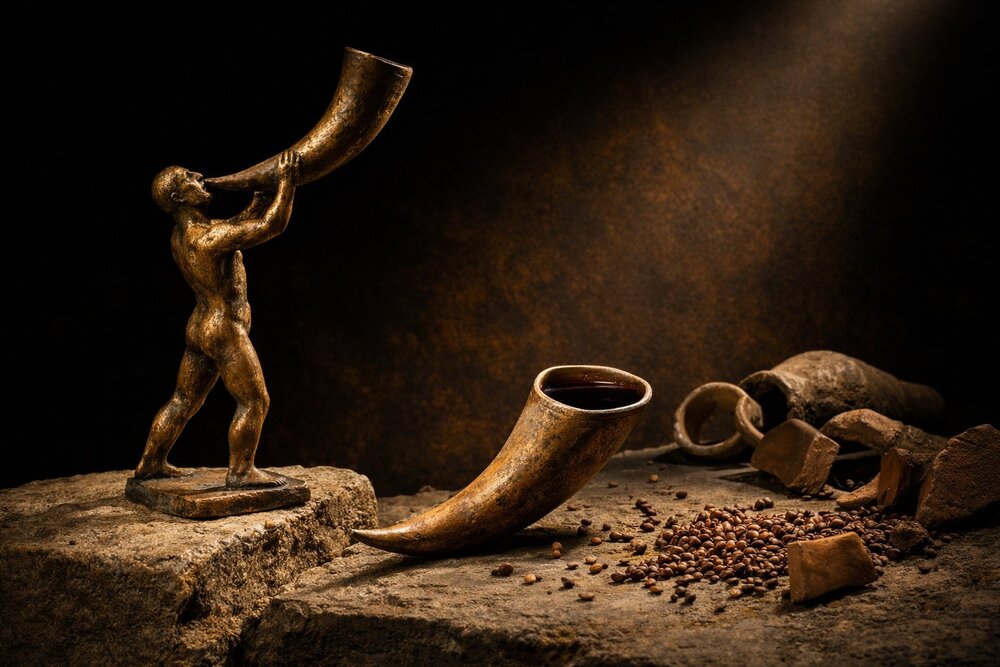 Bombora bronze statuette of man raising wine horn, second millennium BCE