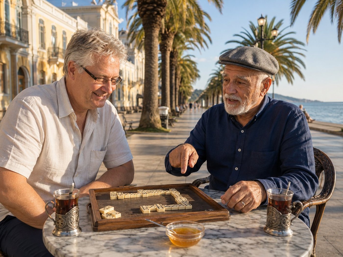 Radim Kaufmann playing dominoes with a local Abkhaz elder in a grey flat cap and navy linen shirt at an outdoor seaside cafe on the Sukhumi promenade, with tea glasses in metal podstakanniks, mountain honey, palms and Soviet-era neoclassical buildings behind, Black Sea on the right