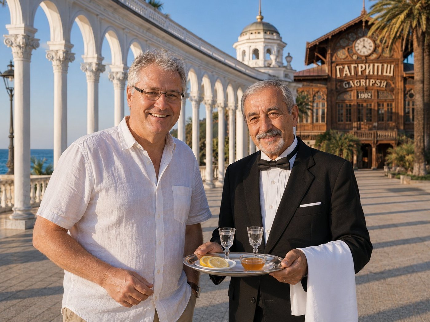 Radim Kaufmann beside the slender white arches of the Gagra Colonnade in Abkhazia with an elderly Abkhaz waiter in a black tuxedo and bow tie from the legendary Gagripsh Restaurant offering a polished silver tray with two crystal glasses of chacha brandy, lemon slices, and mountain honey, the Art Nouveau wooden Gagripsh facade with its 1902 carved sign visible to the right beyond the colonnade and the Black Sea glimpsed through the arches