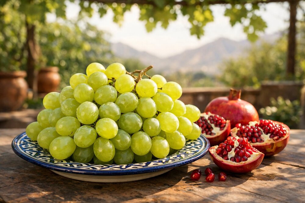 Abjosh golden grapes on Herati ceramic plate with saffron and grape juice