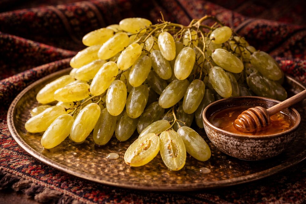 Hussaini Lady Finger grapes on brass tray with honey