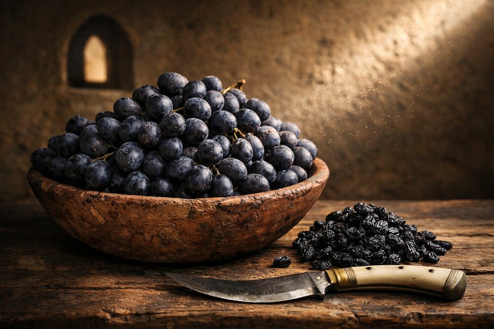 Shindokhani black grapes in clay bowl with raisins