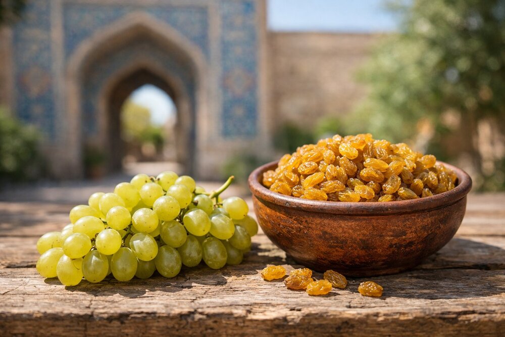 Kishmishi golden grapes and raisins on copper tray with brass scale