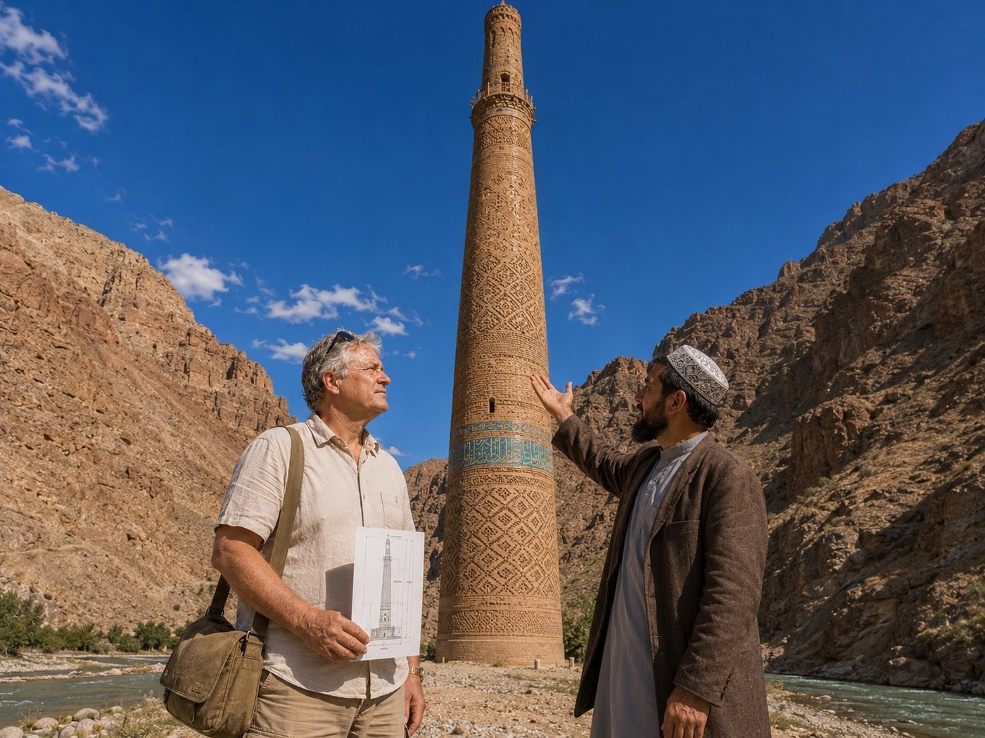Radim Kaufmann at the 12th-century Minaret of Jam in Ghor Province, central Afghanistan, with a local Tajik guide in white embroidered skullcap and long brown wool coat pointing up at the intricate geometric brickwork and turquoise glazed-tile Kufic Quranic inscriptions, Radim holding an architectural elevation sketch, the 65-metre brick minaret rising dramatically from the Hari River gorge between rust-coloured mountains