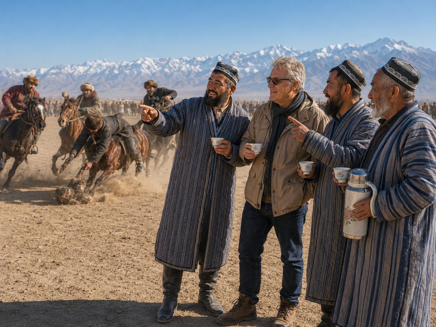 Radim Kaufmann on the sidelines of a Buzkashi match on the dusty plains north of Mazar-i-Sharif, northern Afghanistan, with three Uzbek-Afghan friends in striped quilted chapan robes and embroidered doppi skullcaps, all holding small enamelled tea cups, one friend pointing animatedly toward four chapandazan riders thundering past in clouds of dust, one rider leaning low from the saddle for the boz, snow-capped Hindu Kush mountains on the horizon
