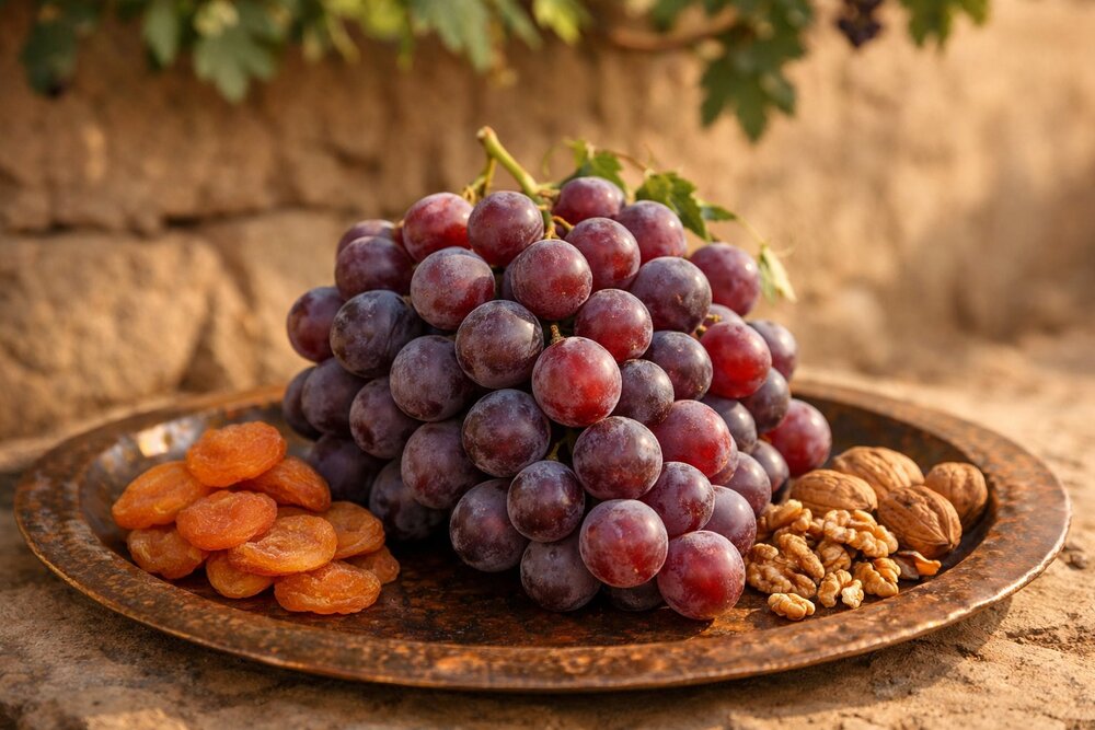 Shindokhani black grapes in clay bowl with raisins