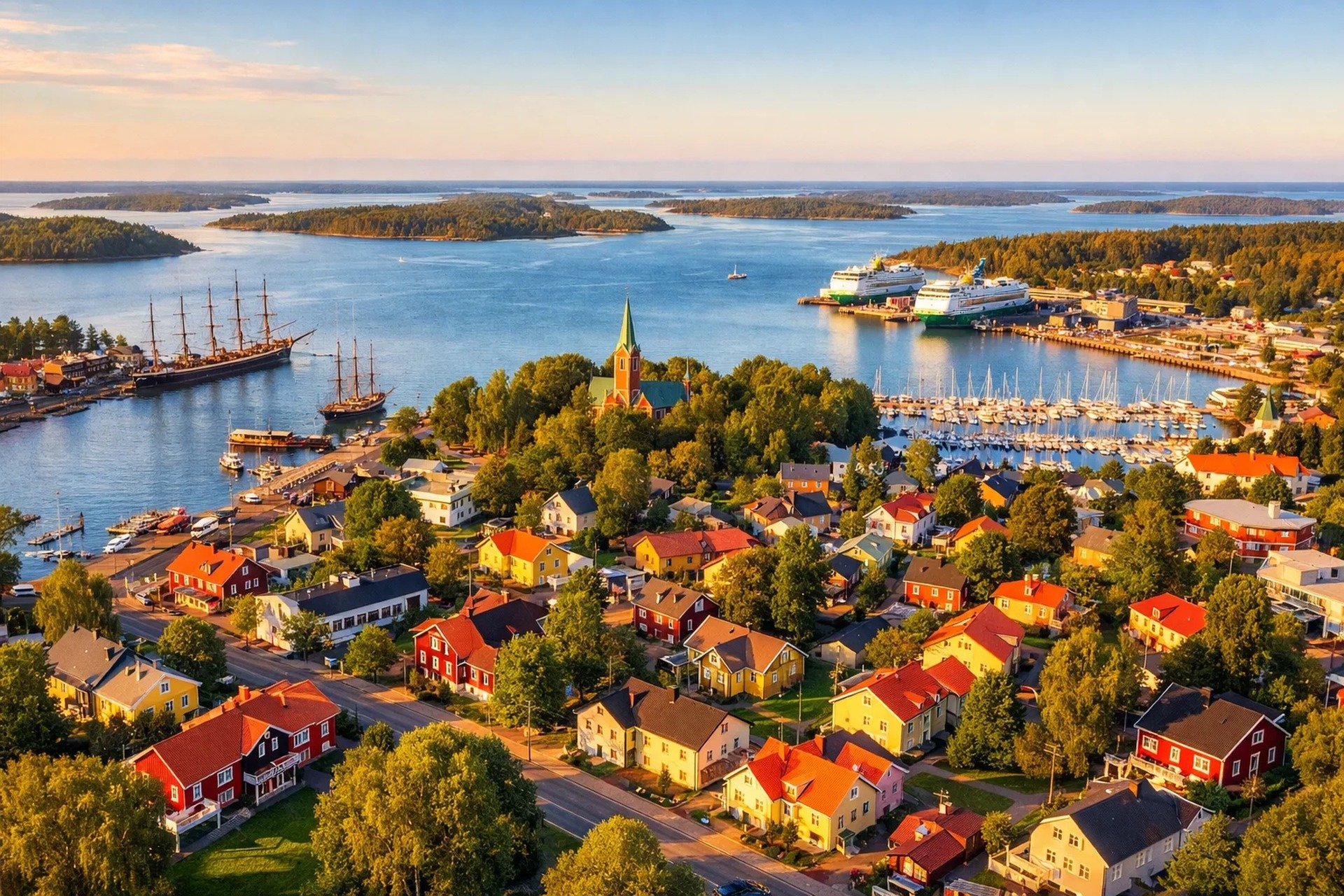 Aerial view of the Åland archipelago around Mariehamn