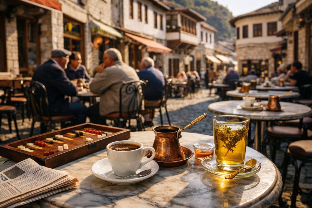 Albanian kafene with Turkish coffee, mountain tea and backgammon