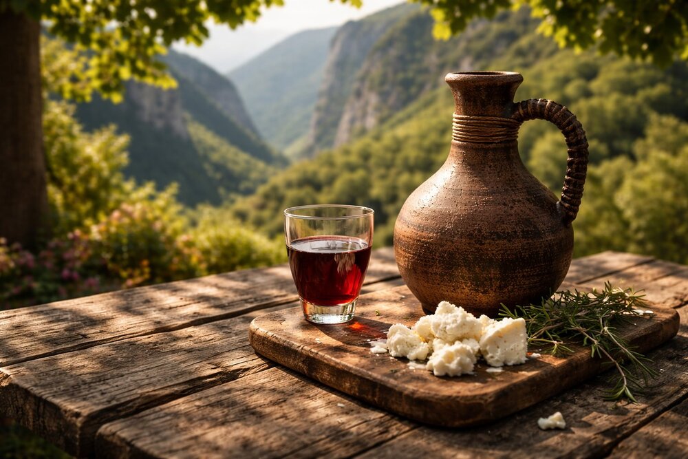 Pulsë mountain red with shepherd stew and Albanian Alps