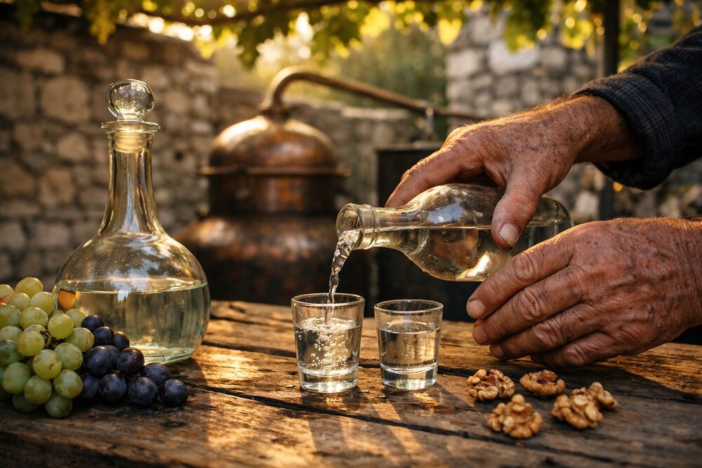 Albanian raki being poured with copper kazan still