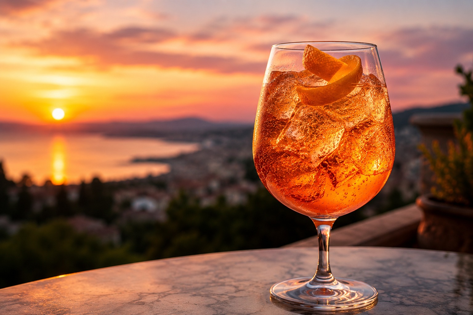 Skanderbeg Sunset cocktail, amber cognac orange spritz at sunset