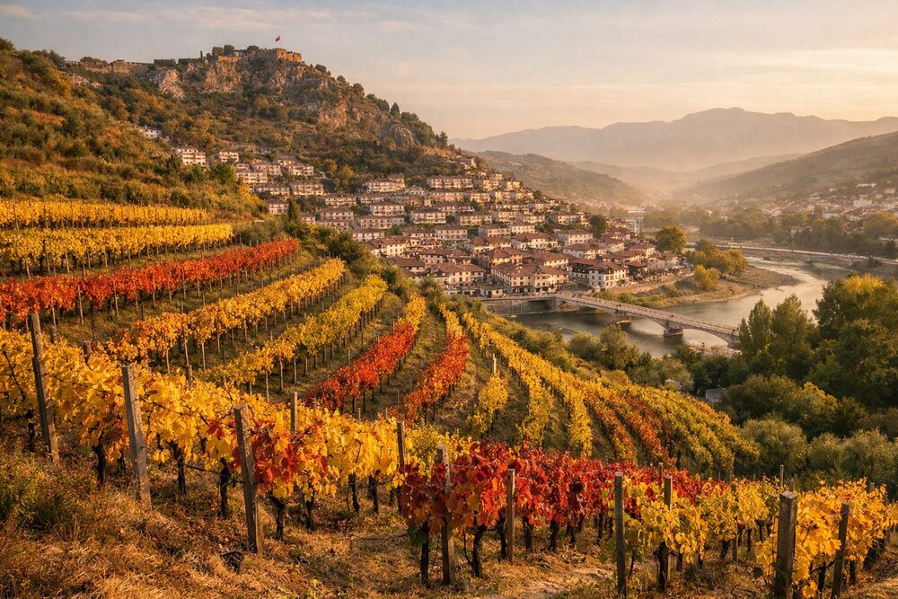 Albanian vineyard with Berat castle in background
